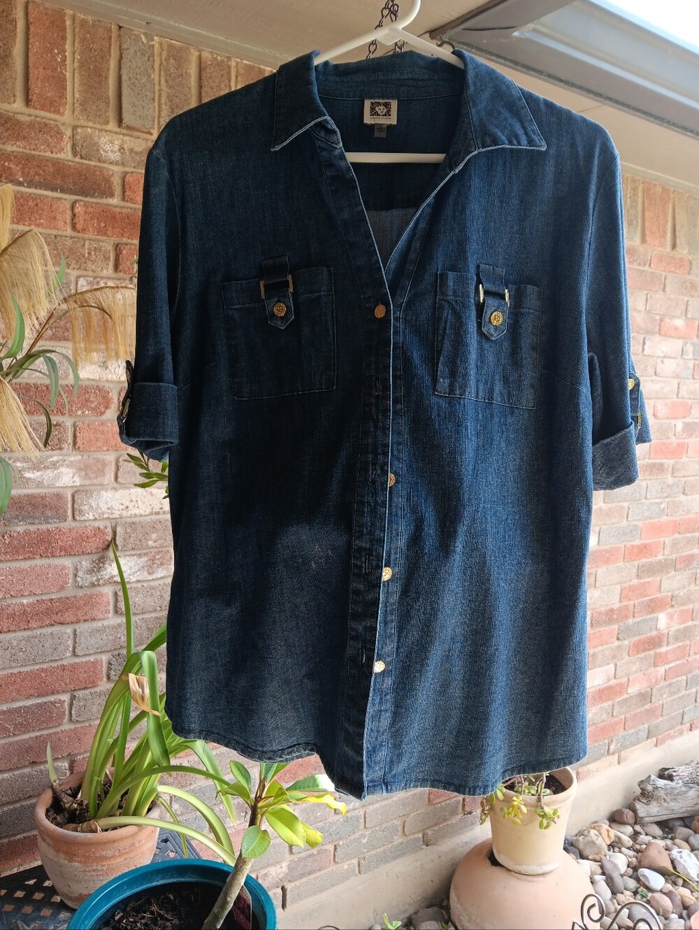 Anne Klein Denim Button Down Lion Metal Buttons Size L